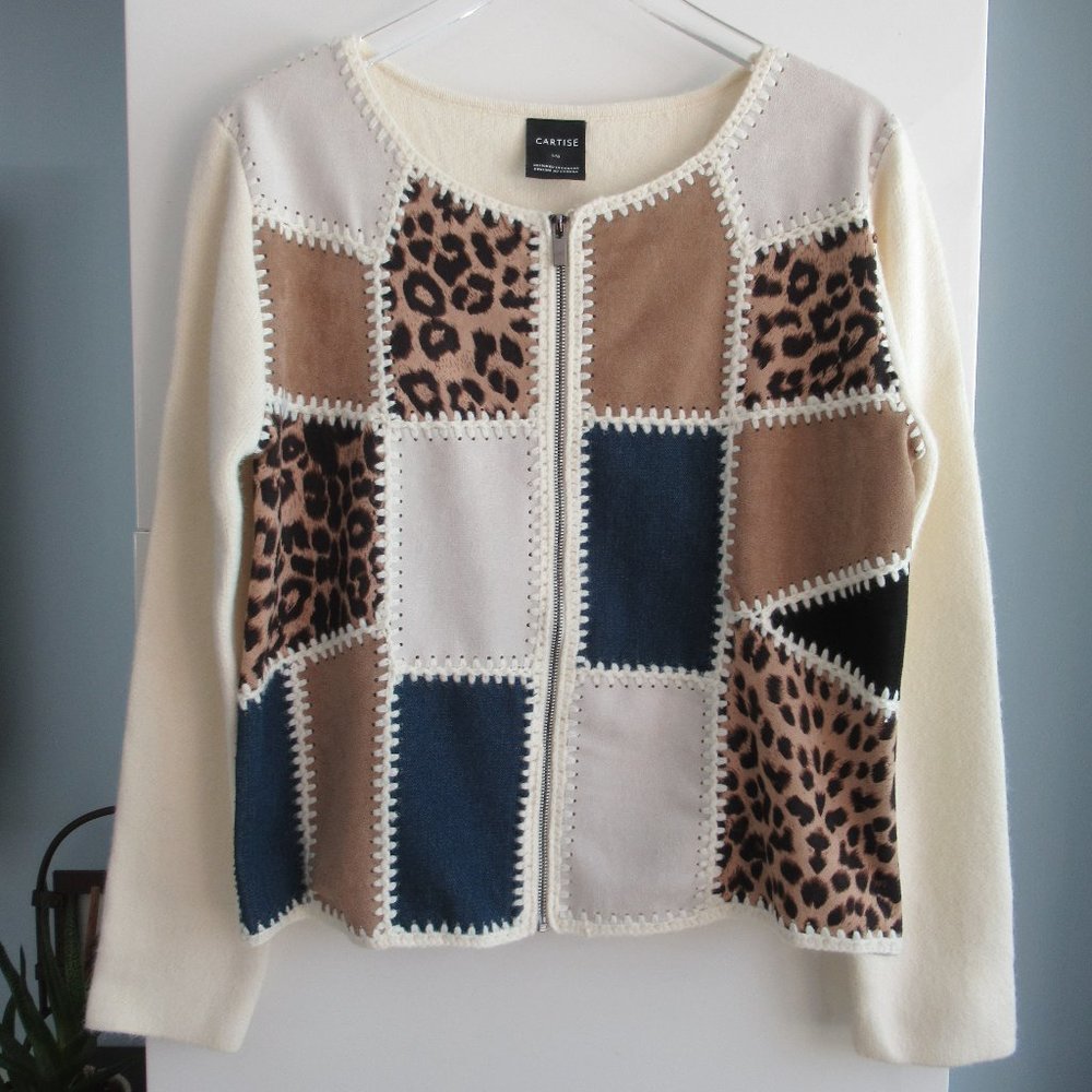 CARTISE Women's sz Large Patchwork Solid Animal Print Sweater Jacket Cardigan